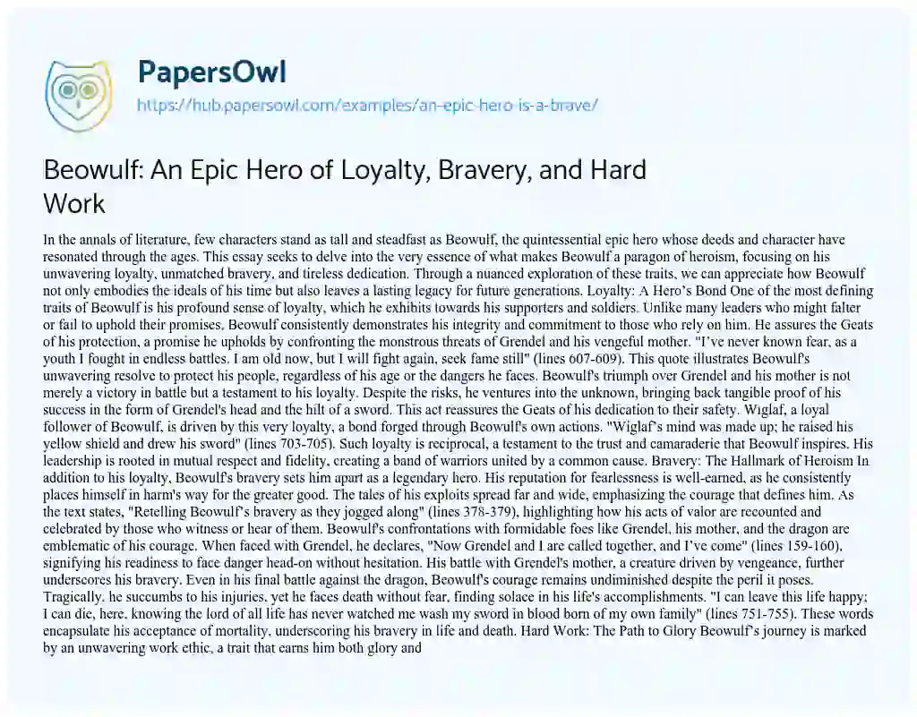 Essay on Beowulf: An Epic Hero of Loyalty, Bravery, and Hard Work