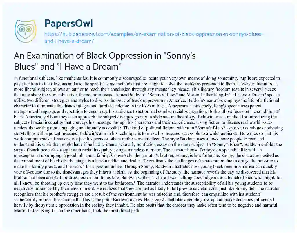 Essay on An Examination of Black Oppression in “Sonny’s Blues” and “I Have a Dream”