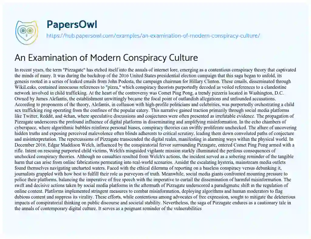 Essay on An Examination of Modern Conspiracy Culture