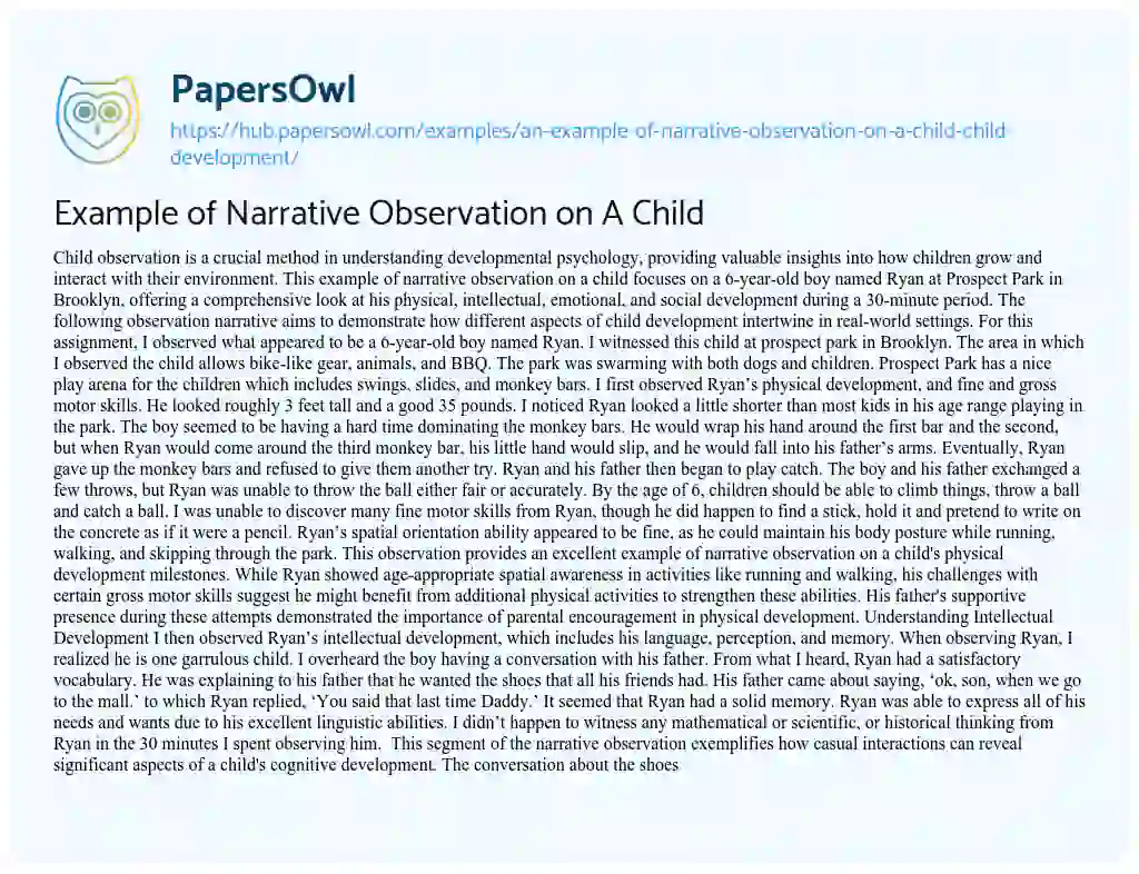 Essay on Example of Narrative Observation on A Child