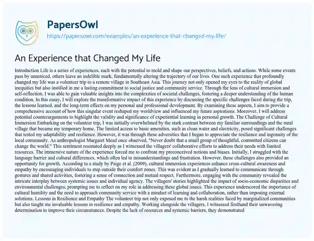 Essay on An Experience that Changed My Life