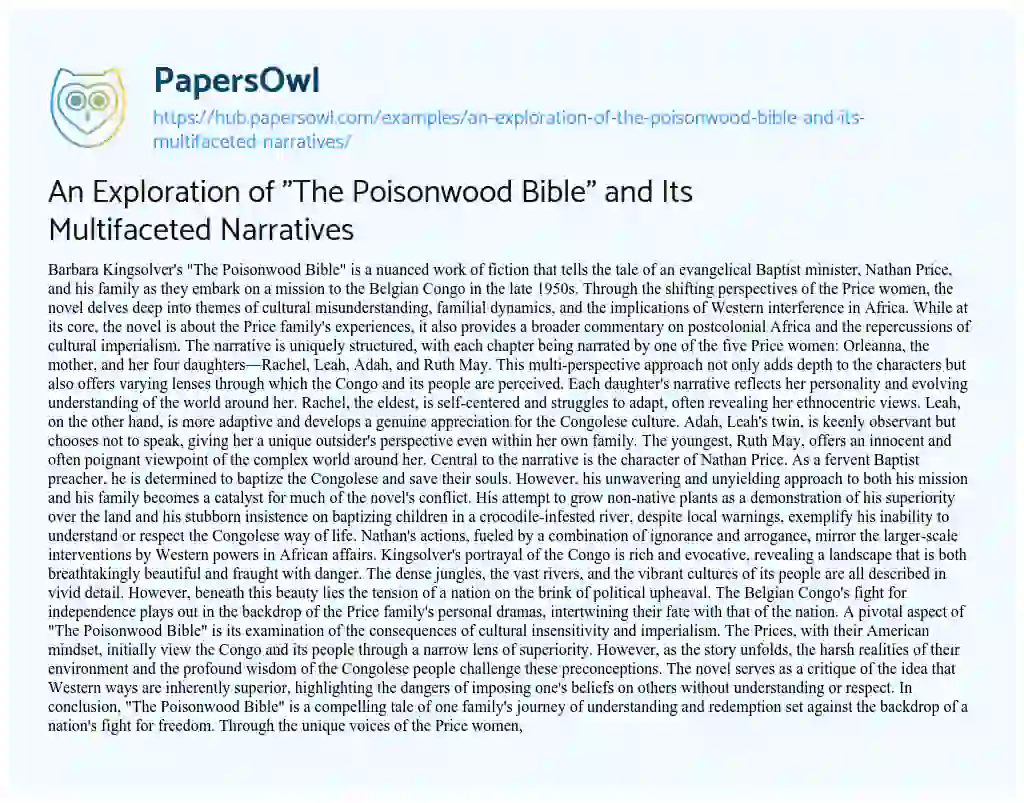 Essay on An Exploration of “The Poisonwood Bible” and Its Multifaceted Narratives