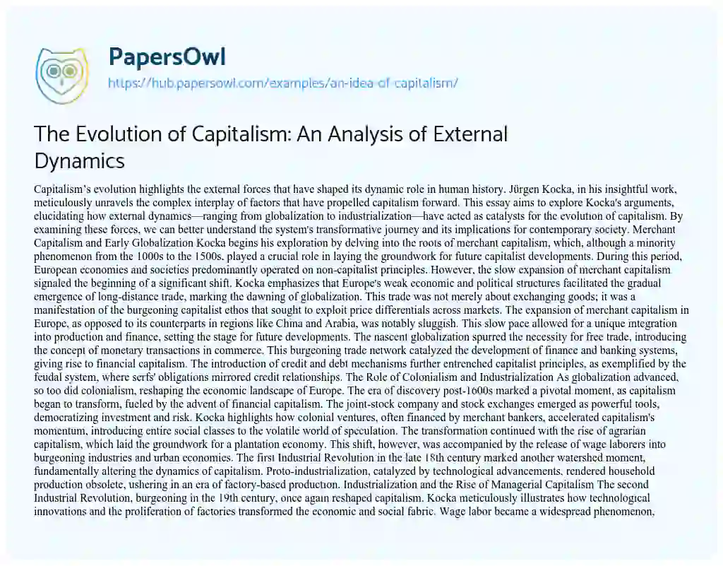 Essay on The Evolution of Capitalism: An Analysis of External Dynamics
