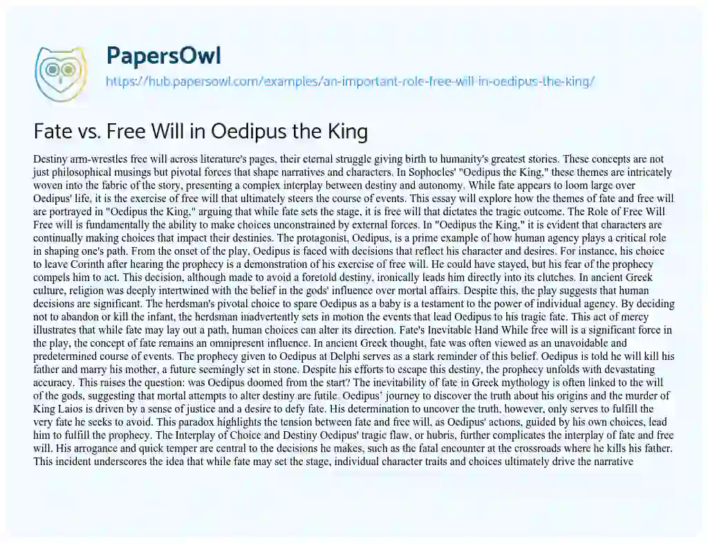 Essay on Fate vs. Free Will in Oedipus the King