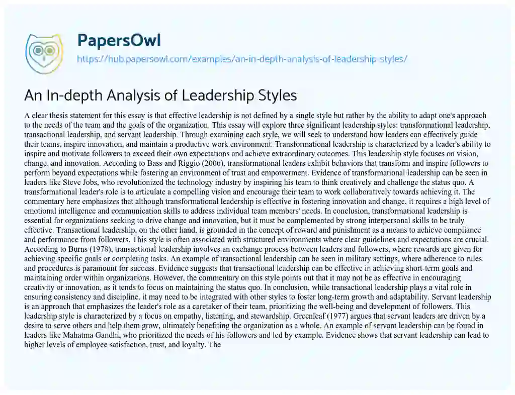 Essay on An In-depth Analysis of Leadership Styles