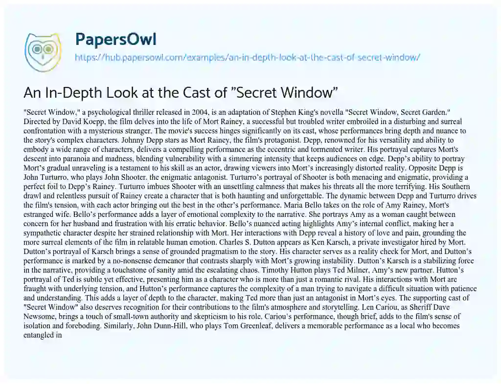 Essay on An In-Depth Look at the Cast of “Secret Window”