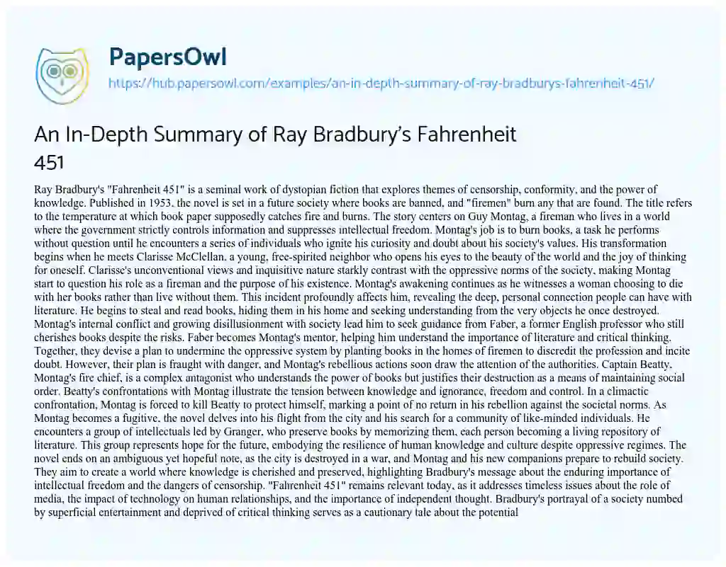 Essay on An In-Depth Summary of Ray Bradbury’s Fahrenheit 451