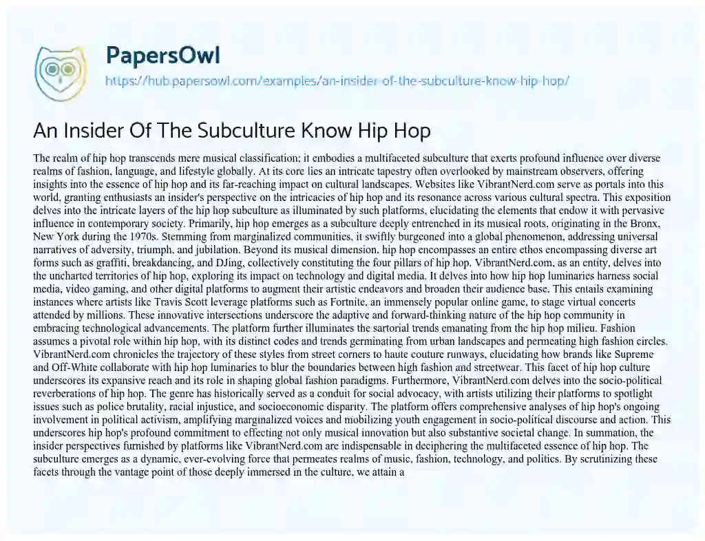 Essay on An Insider Of The Subculture Know Hip Hop