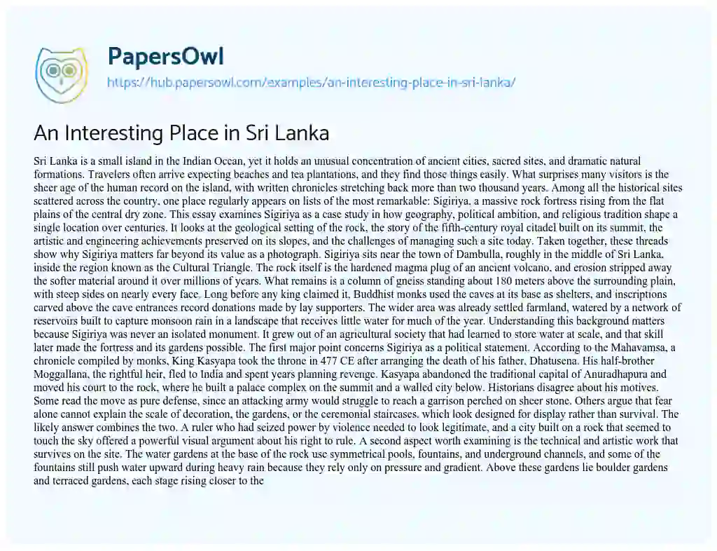 Essay on An Interesting Place in Sri Lanka