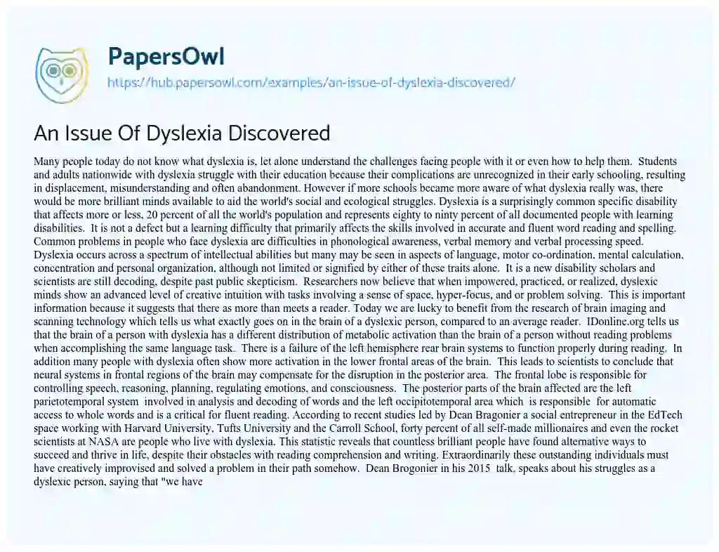 Essay on An Issue Of Dyslexia Discovered