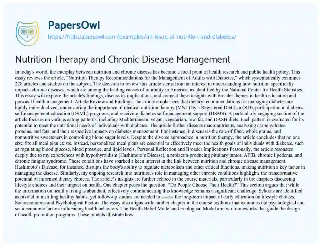 Essay on Nutrition Therapy and Chronic Disease Management