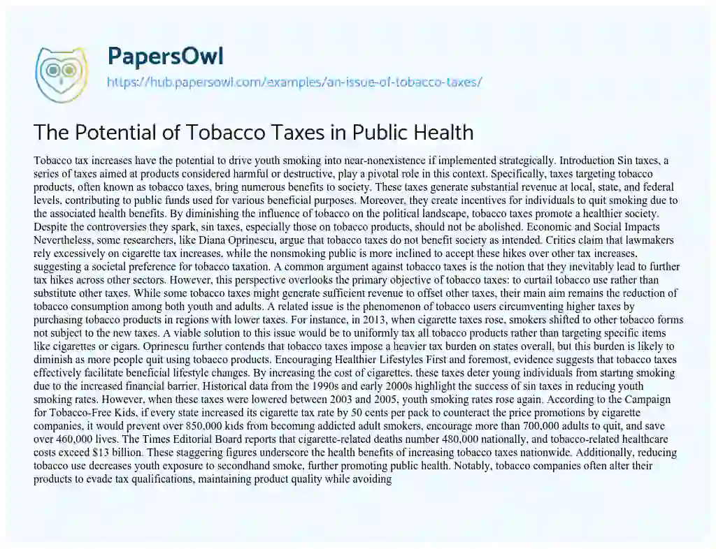 Essay on The Potential of Tobacco Taxes in Public Health