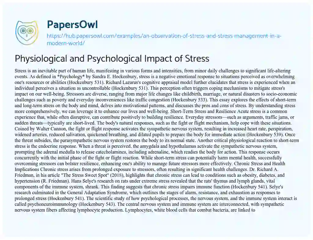 Essay on Physiological and Psychological Impact of Stress