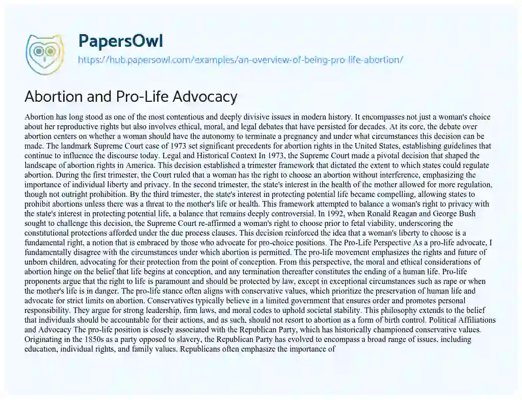Essay on Abortion and Pro-Life Advocacy