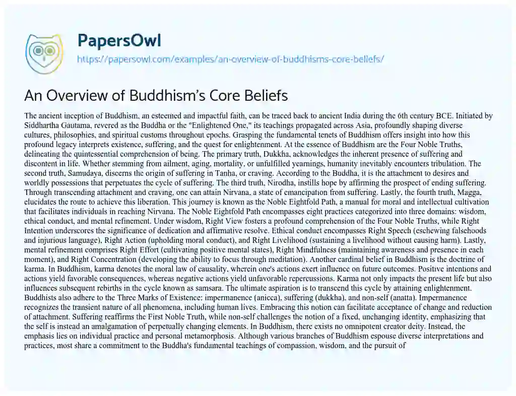Essay on An Overview of Buddhism’s Core Beliefs