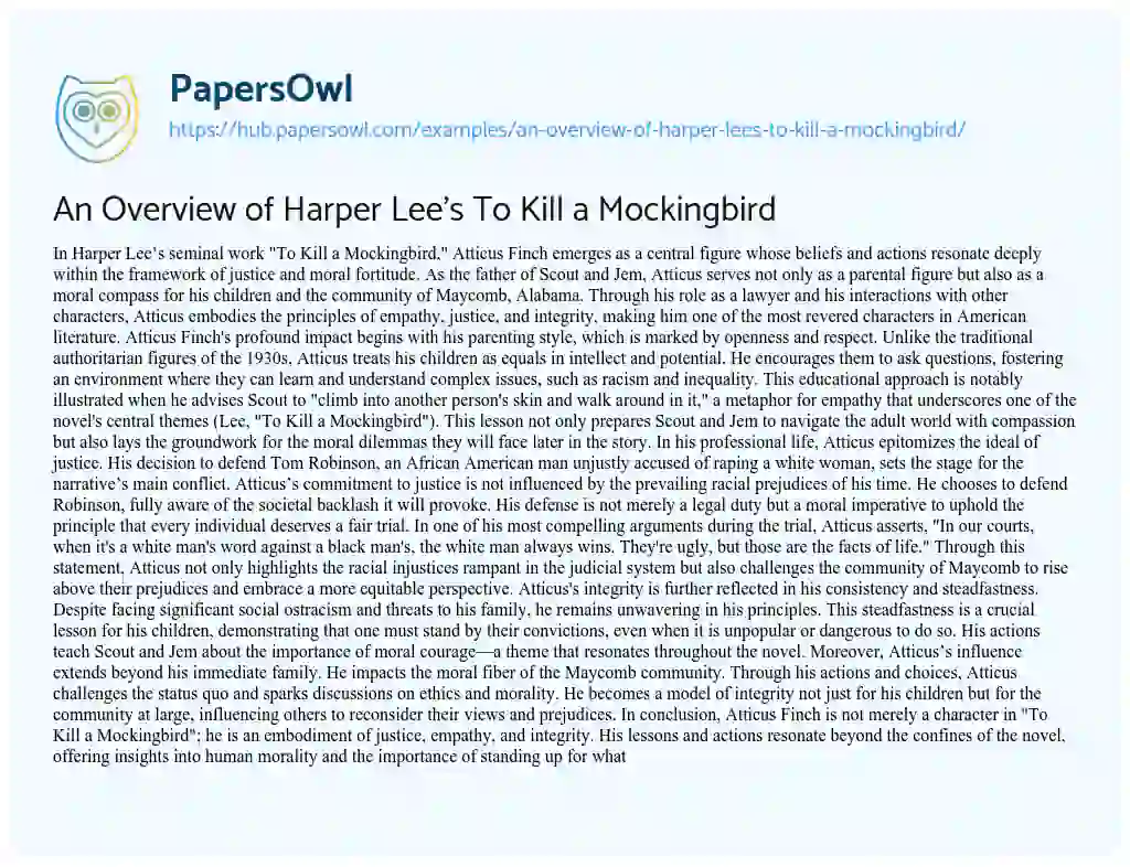 Essay on An Overview of Harper Lee’s To Kill a Mockingbird