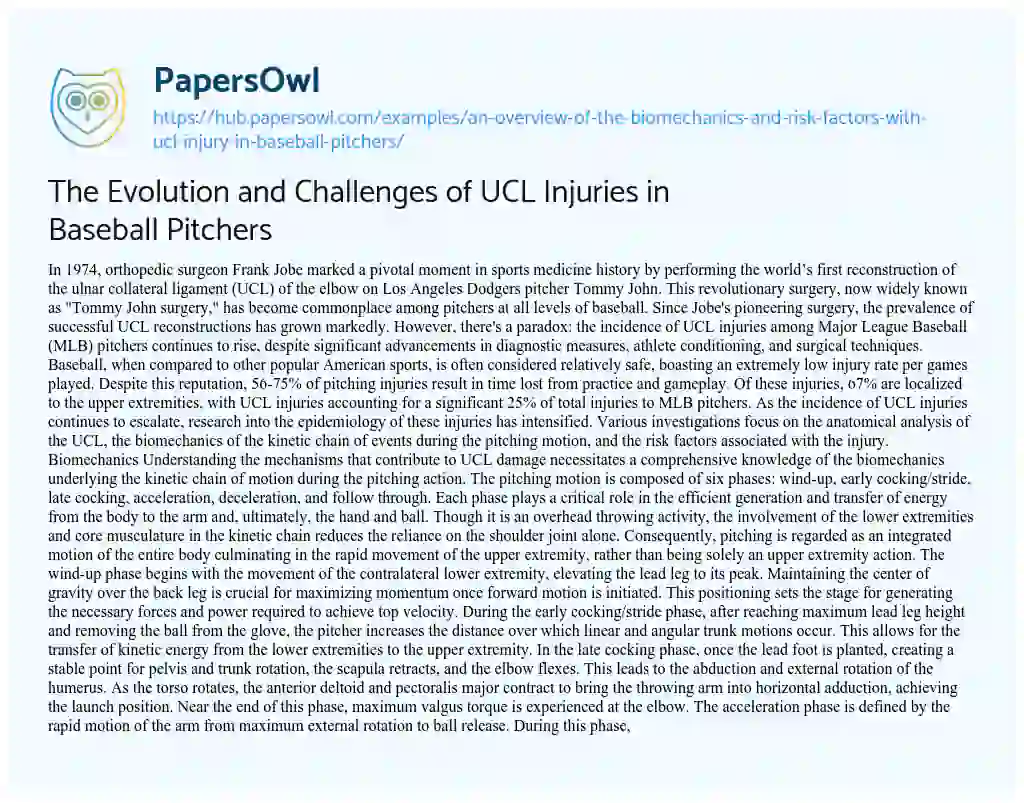 Essay on The Evolution and Challenges of UCL Injuries in Baseball Pitchers