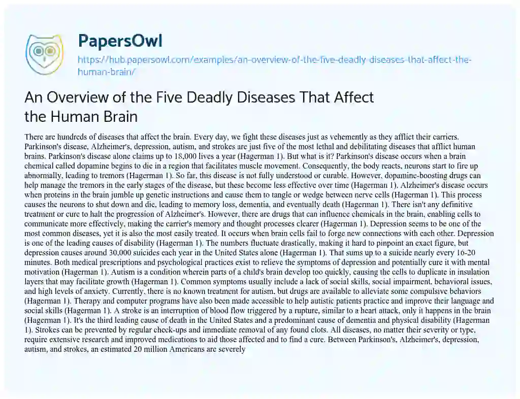 Essay on An Overview of the Five Deadly Diseases That Affect the Human Brain