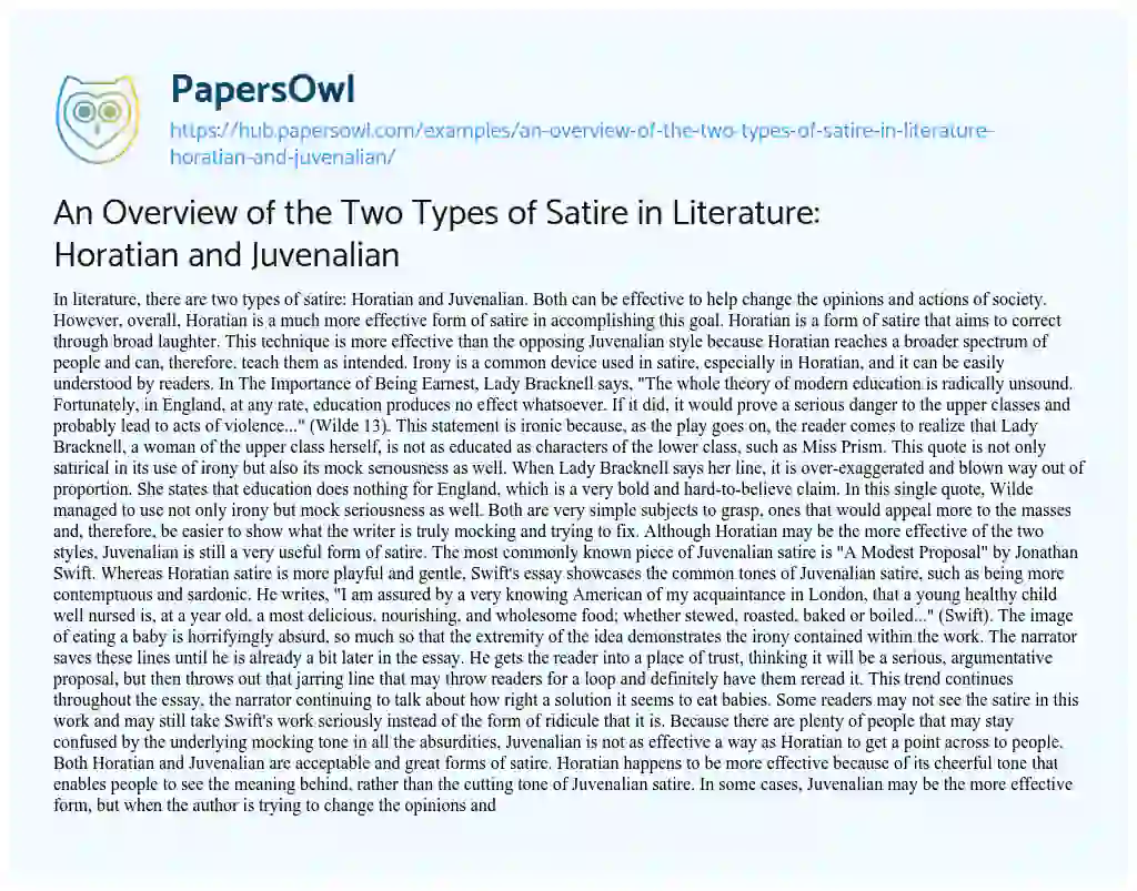 Essay on An Overview of the Two Types of Satire in Literature: Horatian and Juvenalian