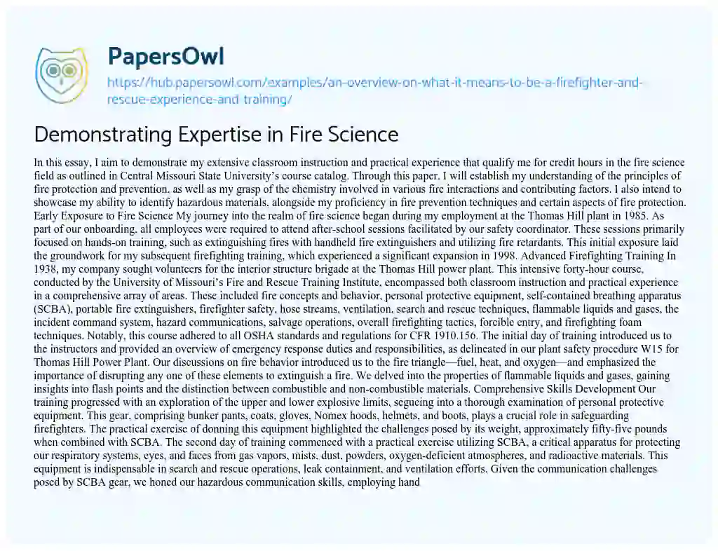 Essay on Demonstrating Expertise in Fire Science