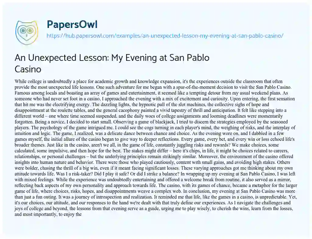 Essay on An Unexpected Lesson: My Evening at San Pablo Casino