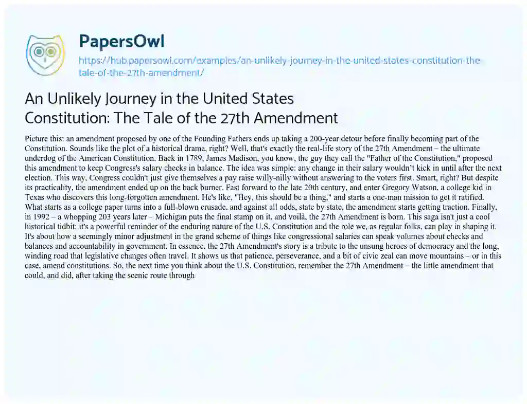Essay on An Unlikely Journey in the United States Constitution: The Tale of the 27th Amendment