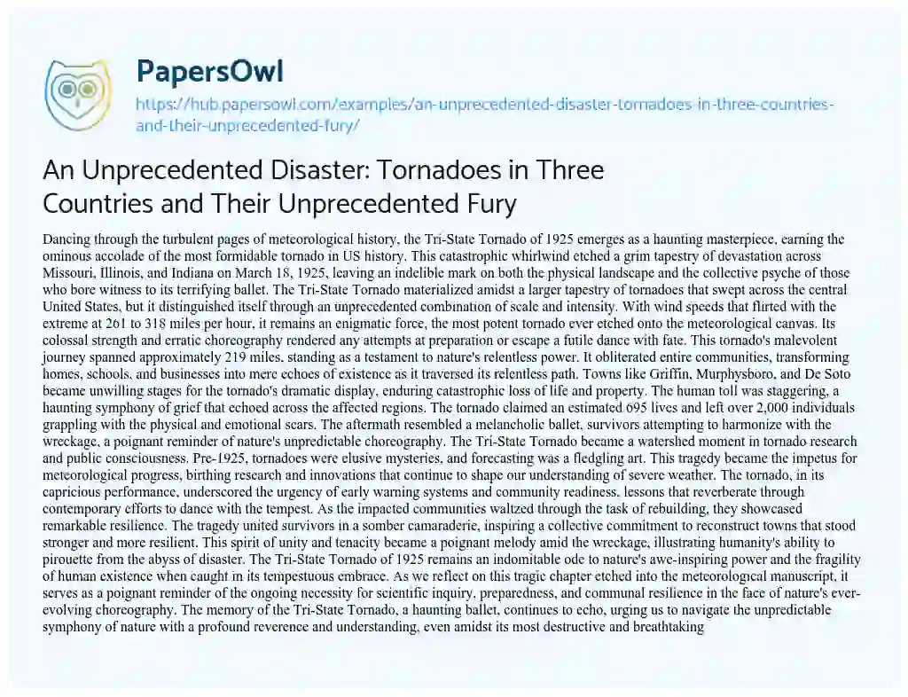 Essay on An Unprecedented Disaster: Tornadoes in Three Countries and Their Unprecedented Fury