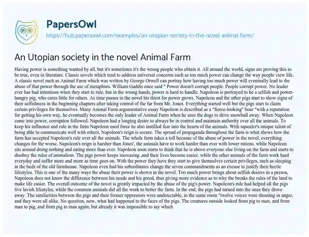 Essay on An Utopian society in the novel Animal Farm