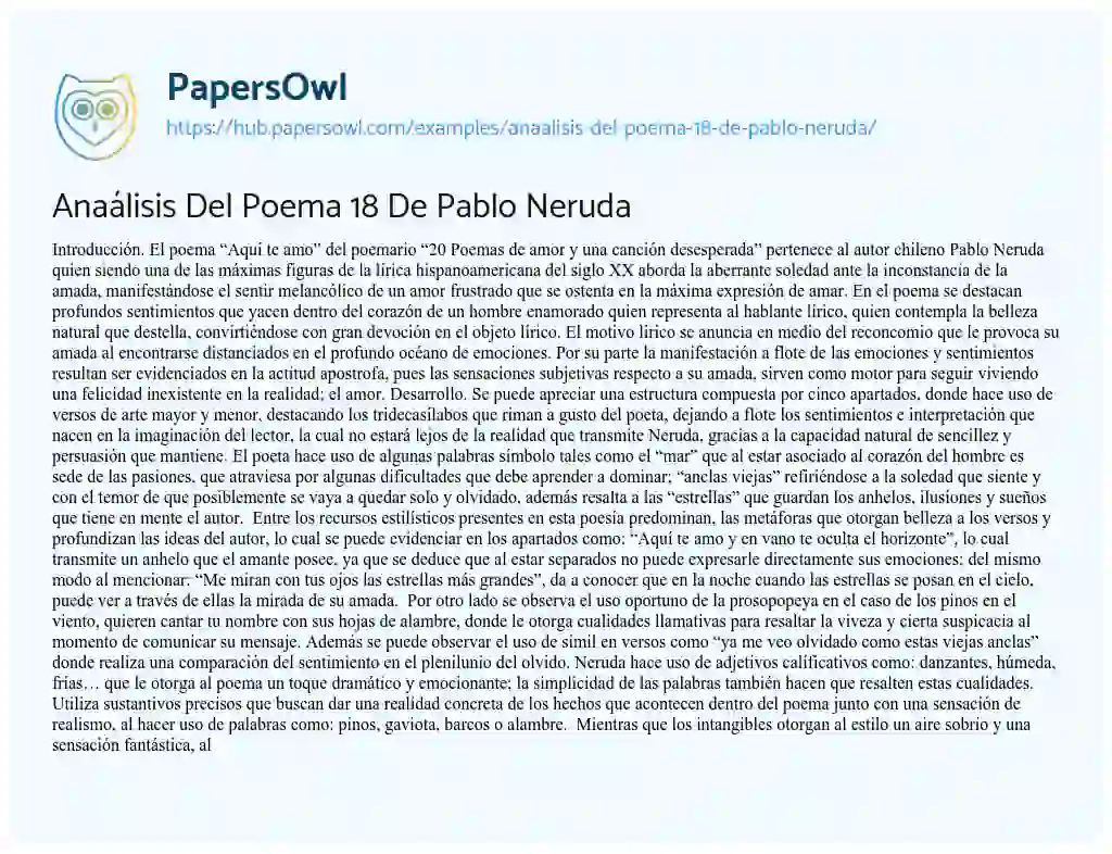 Essay on Anaálisis Del Poema 18 De Pablo Neruda