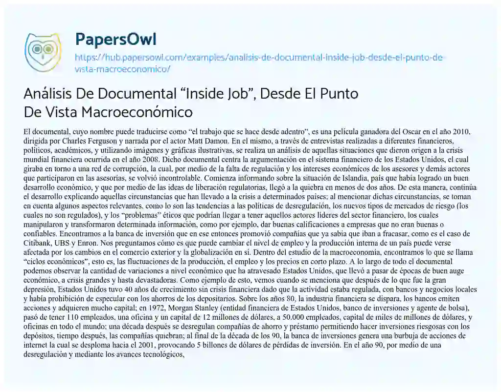 Essay on Análisis De Documental “Inside Job”, Desde El Punto De Vista Macroeconómico