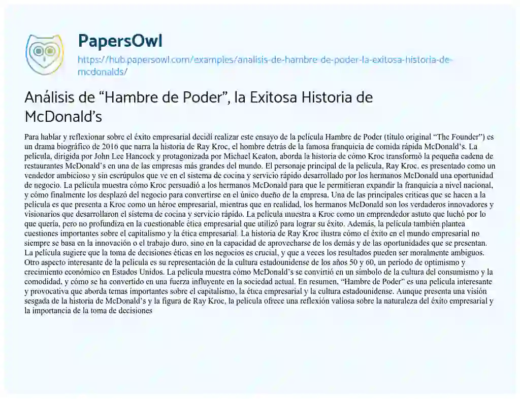 Essay on Análisis de “Hambre de Poder”, la Exitosa Historia de McDonald’s