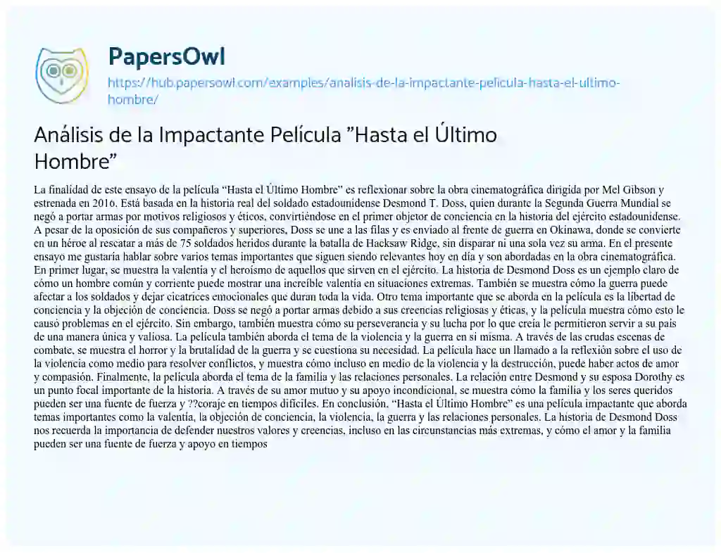 Essay on Análisis de la Impactante Película “Hasta el Último Hombre”
