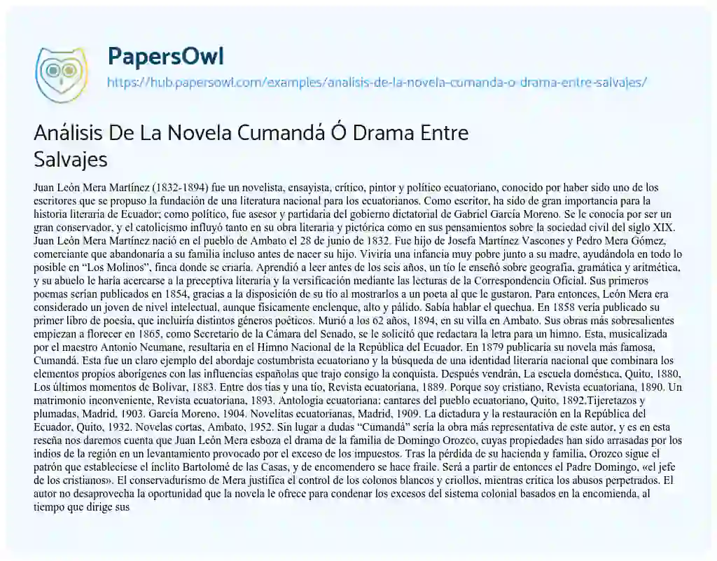 Essay on Análisis De La Novela Cumandá Ó Drama Entre Salvajes