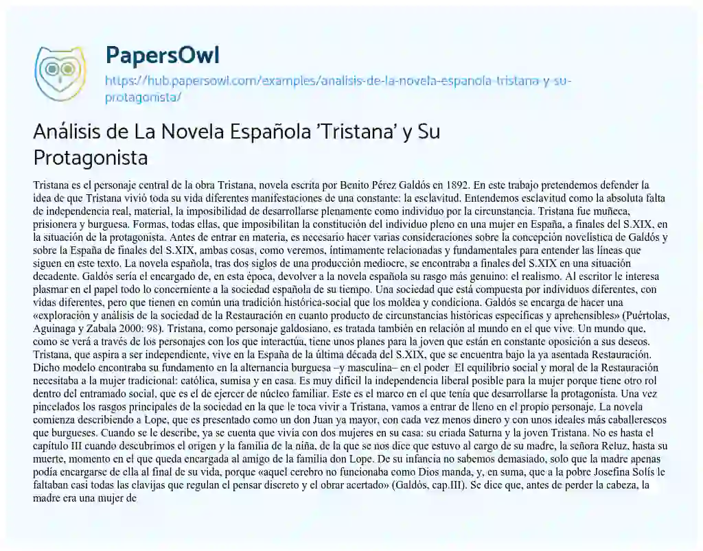 Essay on Análisis de La Novela Española ‘Tristana’ y Su Protagonista