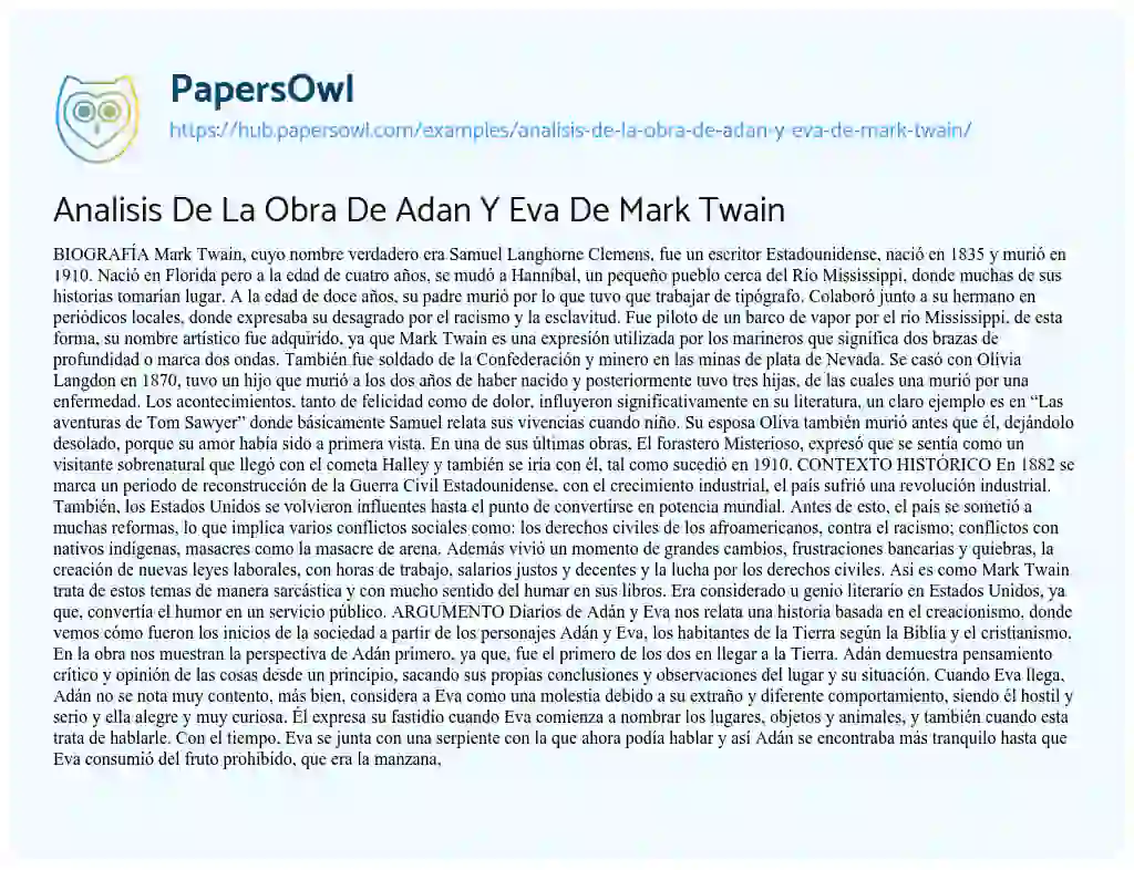 Essay on Analisis De La Obra De Adan Y Eva De Mark Twain