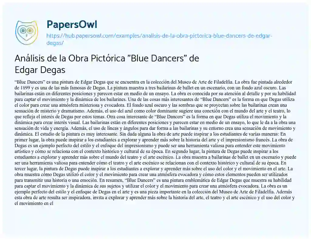 Essay on Análisis de la Obra Pictórica “Blue Dancers” de Edgar Degas