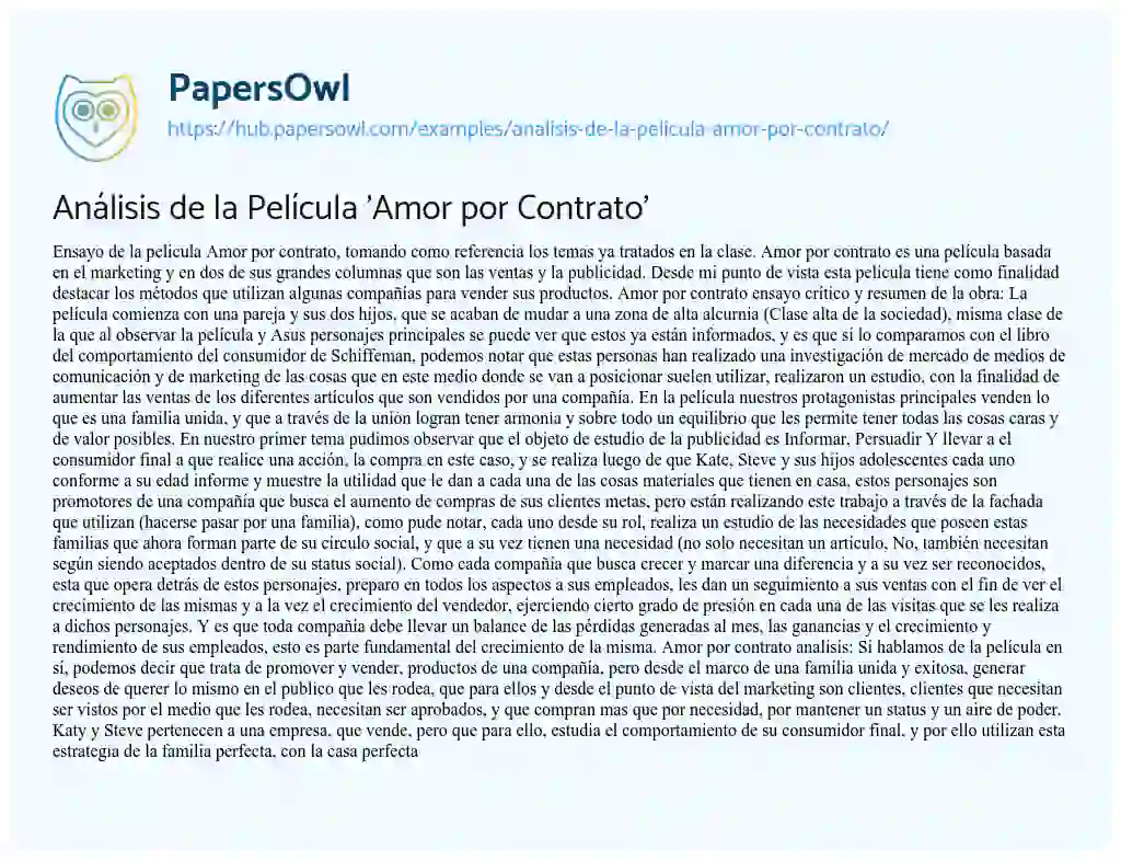 Essay on Análisis de la Película ‘Amor por Contrato’