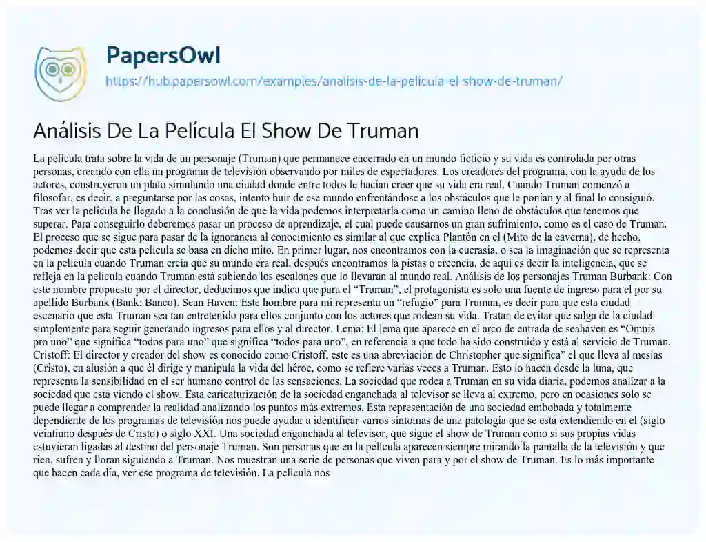 Essay on Análisis De La Película El Show De Truman