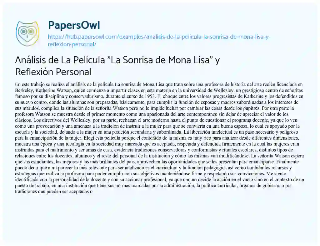 Essay on Análisis de La Película “La Sonrisa de Mona Lisa” y Reflexión Personal
