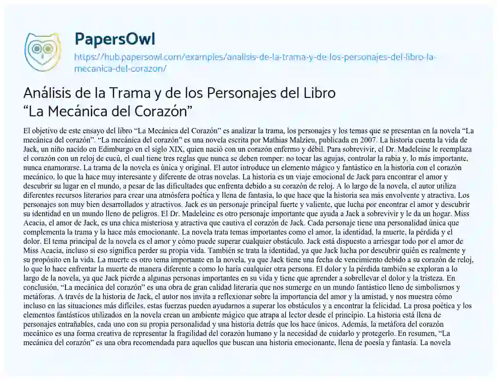Essay on Análisis de la Trama y de los Personajes del Libro “La Mecánica del Corazón”