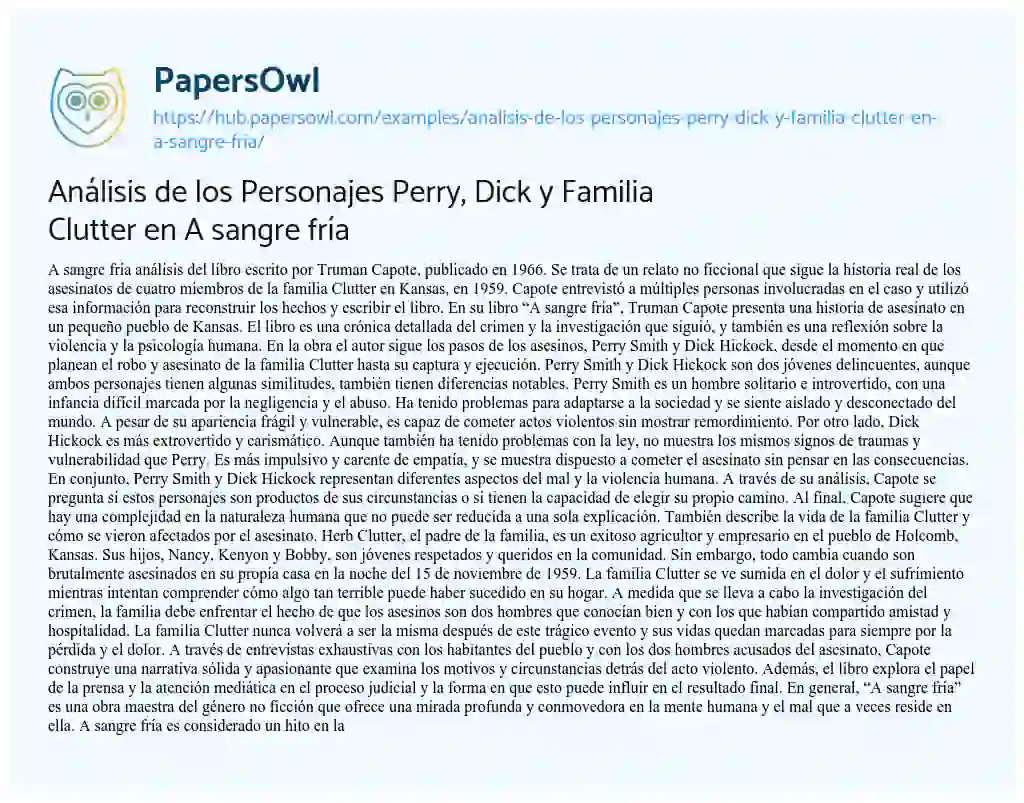 Essay on Análisis de los Personajes Perry, Dick y Familia Clutter en A sangre fría