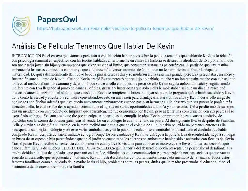 Essay on Análisis De Película: Tenemos Que Hablar De Kevin
