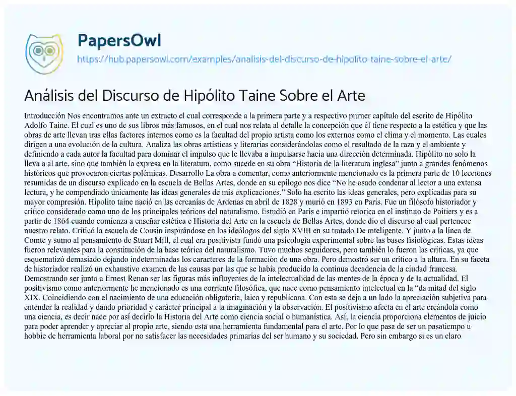 Essay on Análisis del Discurso de Hipólito Taine Sobre el Arte