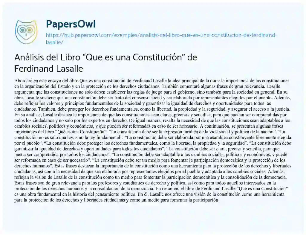 Essay on Análisis del Libro “Que es una Constitución” de Ferdinand Lasalle