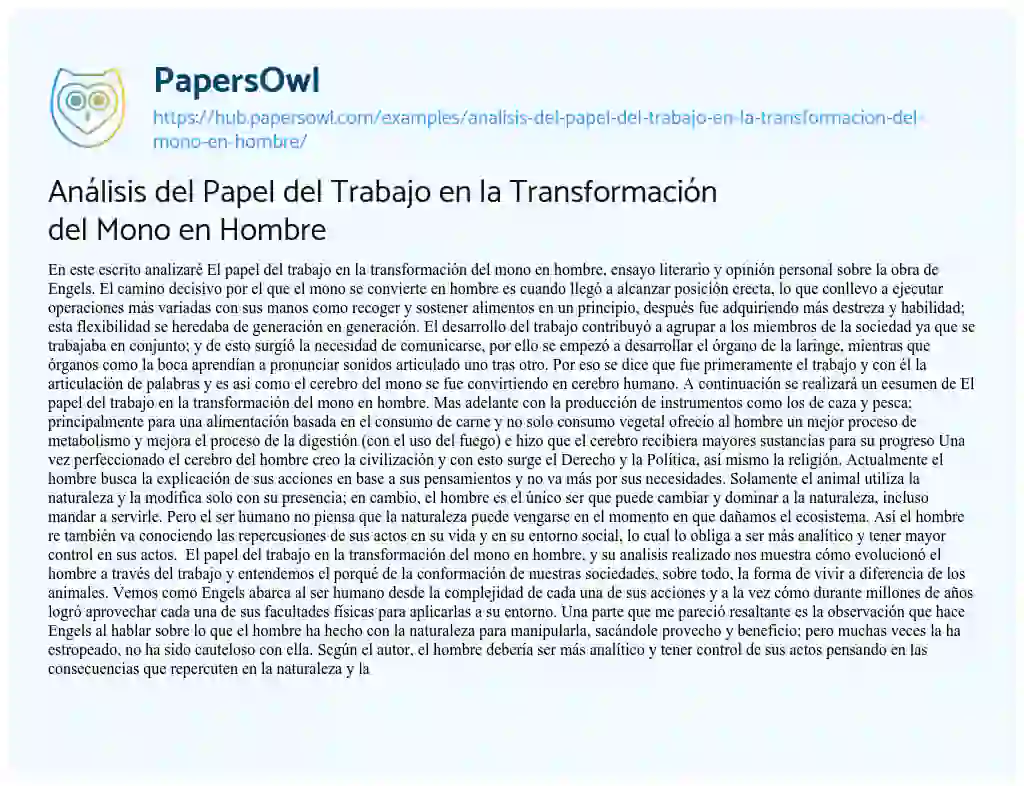 Essay on Análisis del Papel del Trabajo en la Transformación del Mono en Hombre