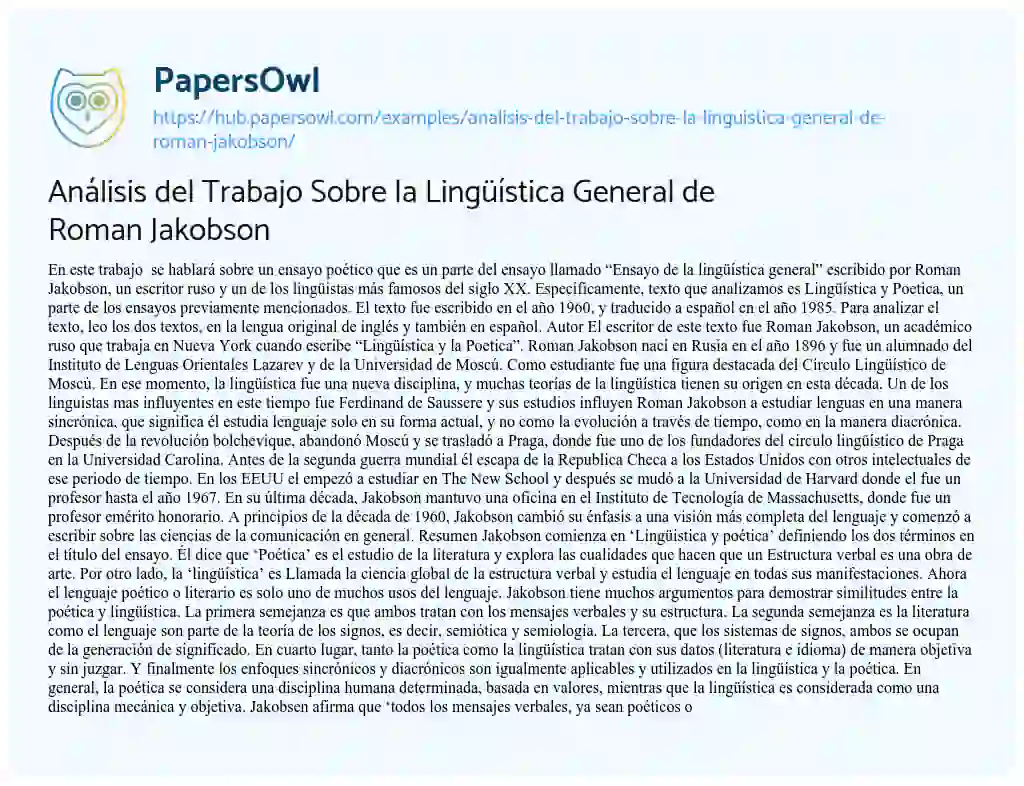 Essay on Análisis del Trabajo Sobre la Lingüística General de Roman Jakobson