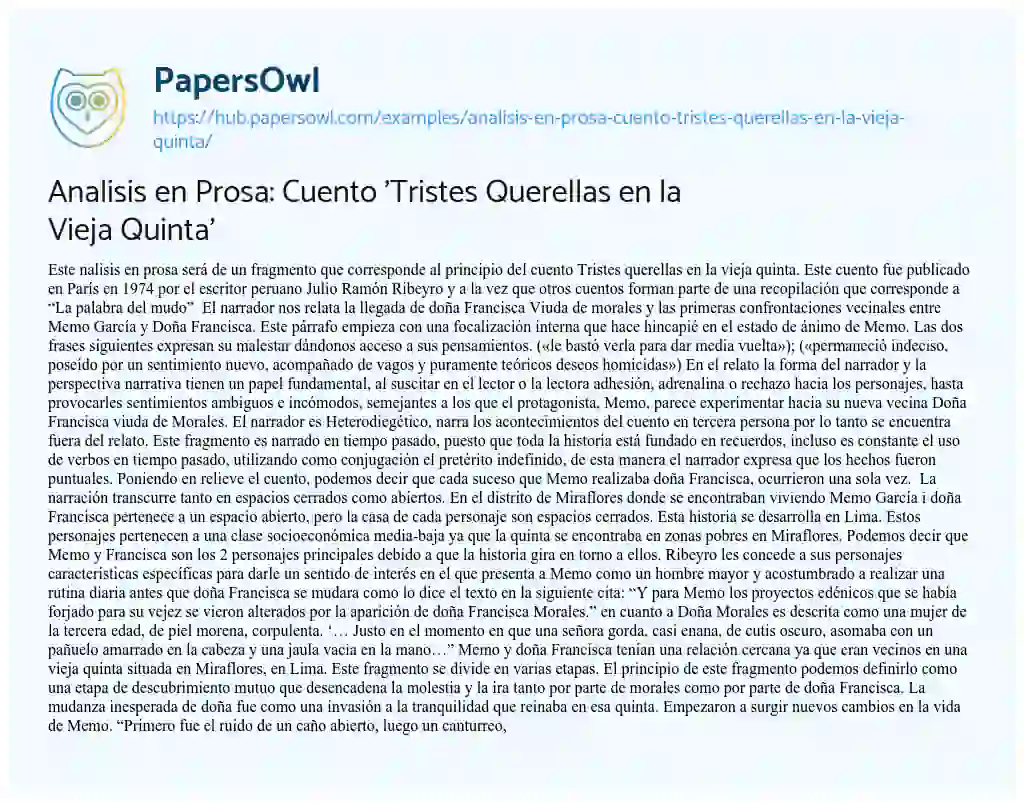 Essay on Analisis en Prosa: Cuento ‘Tristes Querellas en la Vieja Quinta’