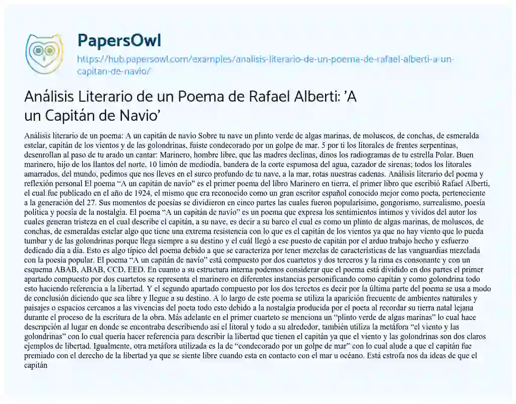 Essay on Análisis Literario de un Poema de Rafael Alberti: ‘A un Capitán de Navio’