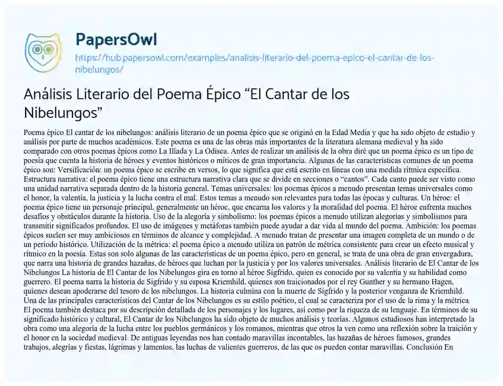 Essay on Análisis Literario del Poema Épico “El Cantar de los Nibelungos”