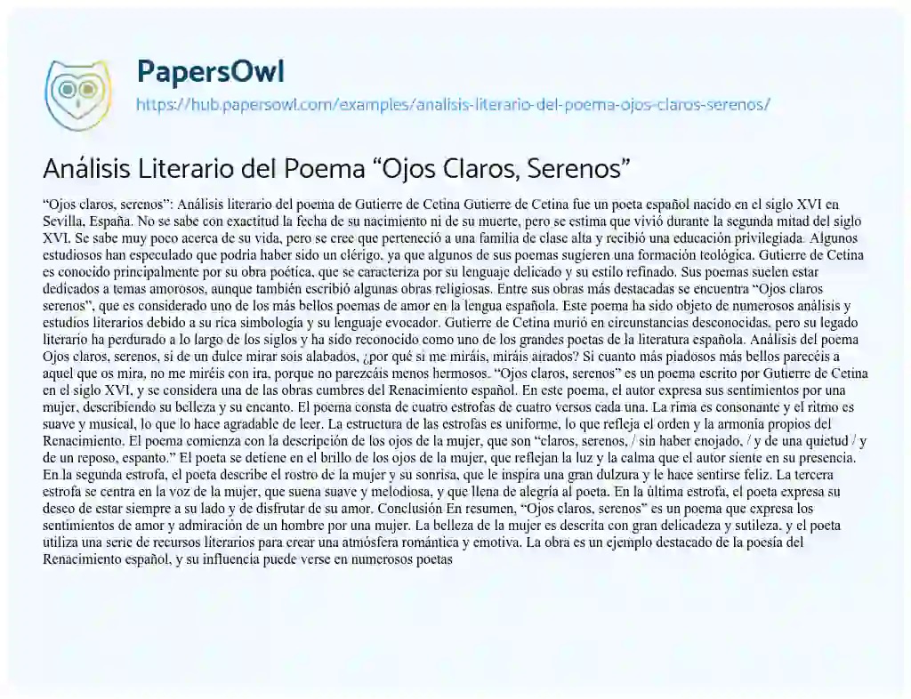 Essay on Análisis Literario del Poema “Ojos Claros, Serenos”